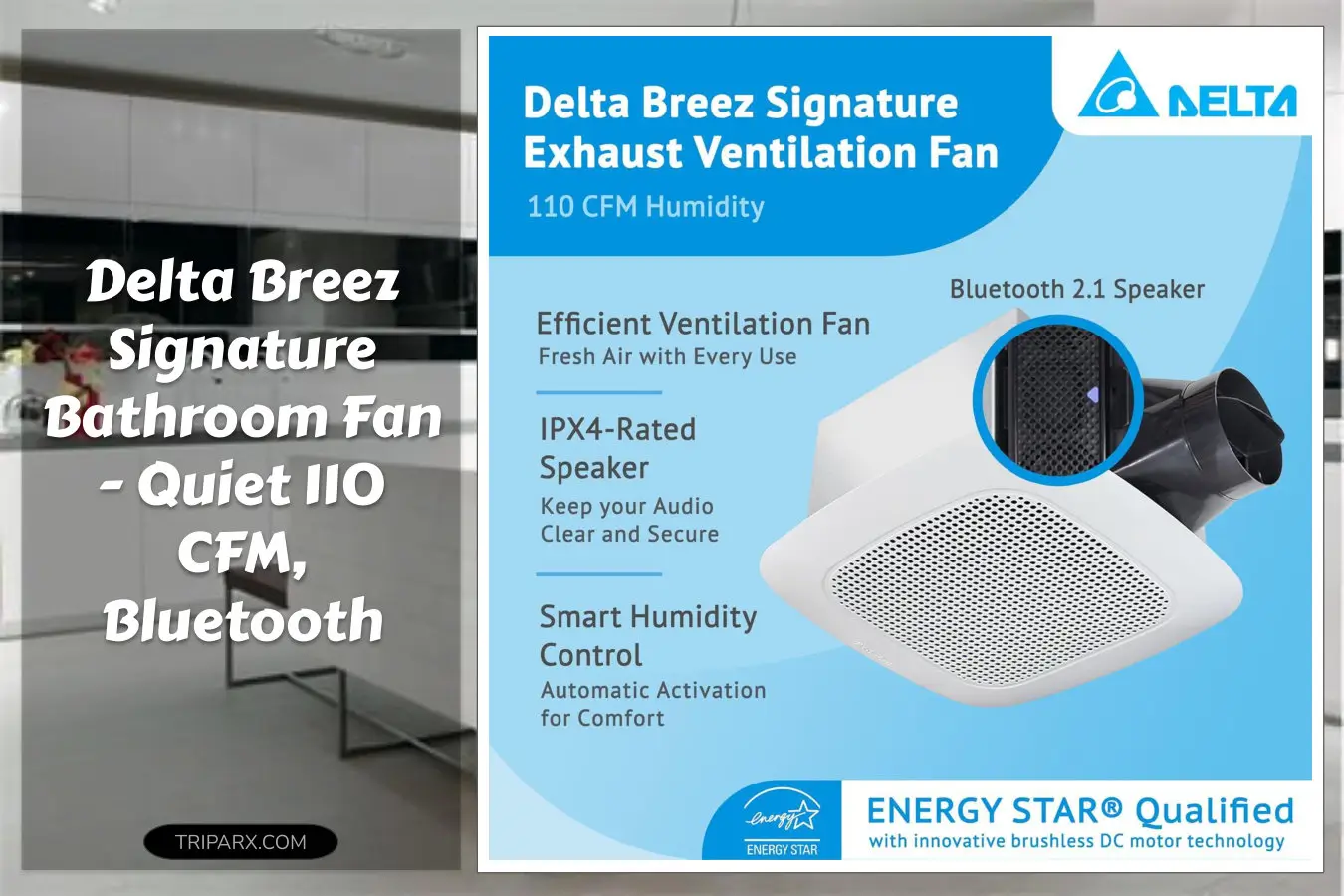 DeltaBreezSignatureCeilingExhaustBathroomFan110CFMEnergyEfficientQuietOperationBrushlessMotorwithBluetoothStereoSpeakerWhite