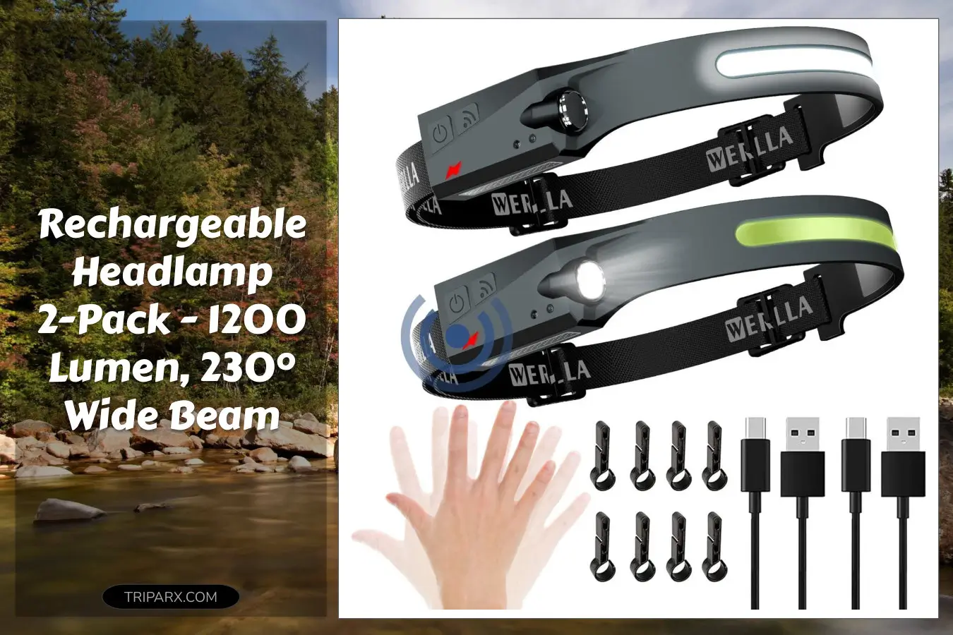 LED_Headlamp_2_Pack_Rechargeable_Headlamps_1200_Lumen_Wide_Beam_230_Degree_Illumination_Motion_Sensor_Spotlight_2_4oz_Lightweight_for_Camping_Running_Cycling_Hiking_with_Clips