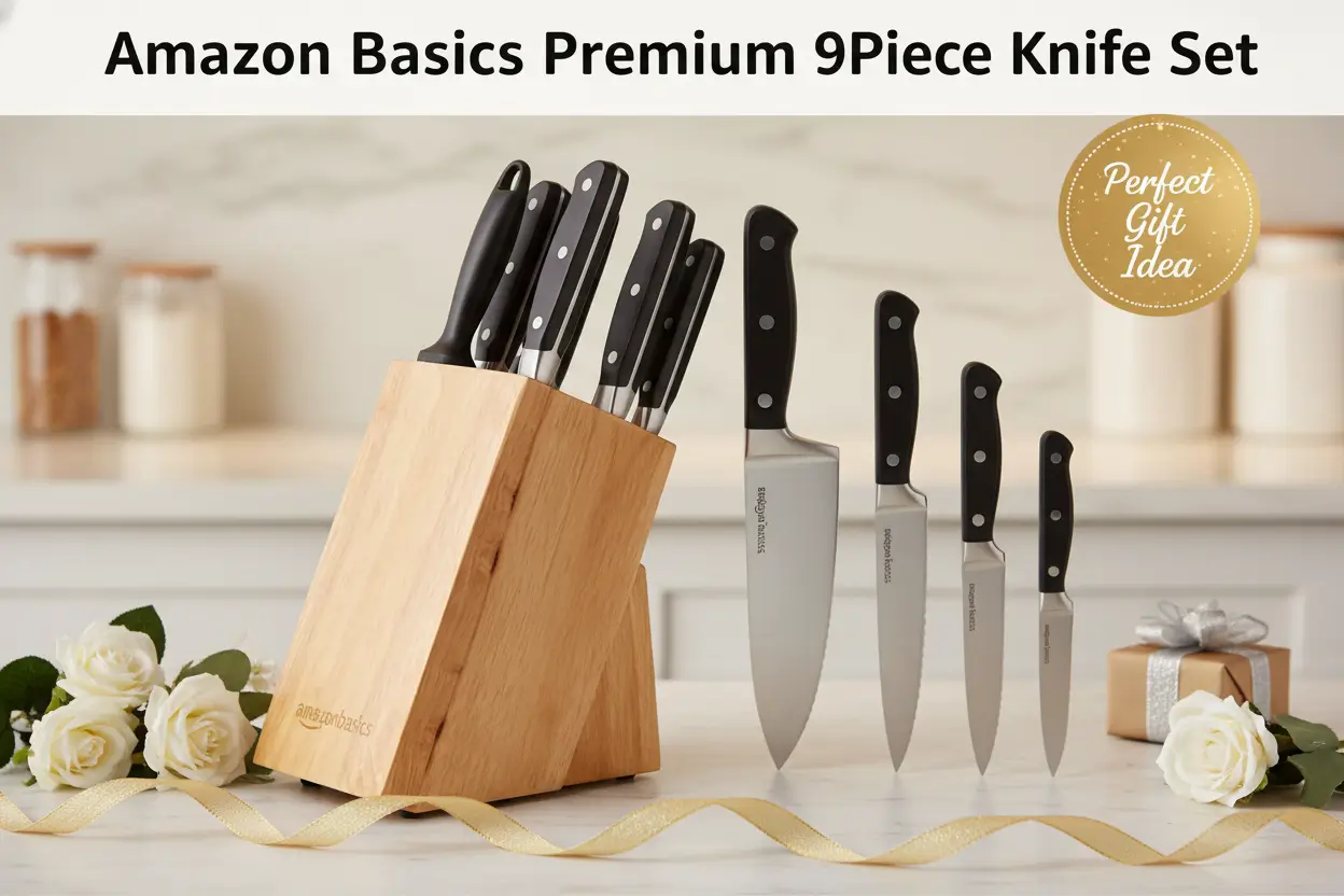 AmazonBasics9PiecesHighCarbonStainlessSteelBladesPineWoodKnifeBlockSetKitchenBlack