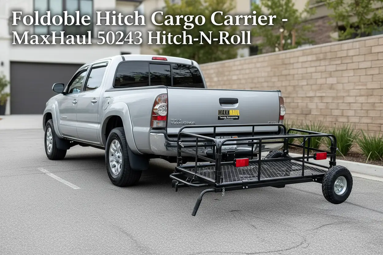 MaxxHaul_50243_Foldable_Hitch_N_Roll_Cargo_Carrier_Cart_With_Quick_Detachable_Basket_Rack_With_10_inch_Flat_Free_Tires_for_Home_Camp_Travel_Ranch_SUV_Up_to_400_lb_Capacity