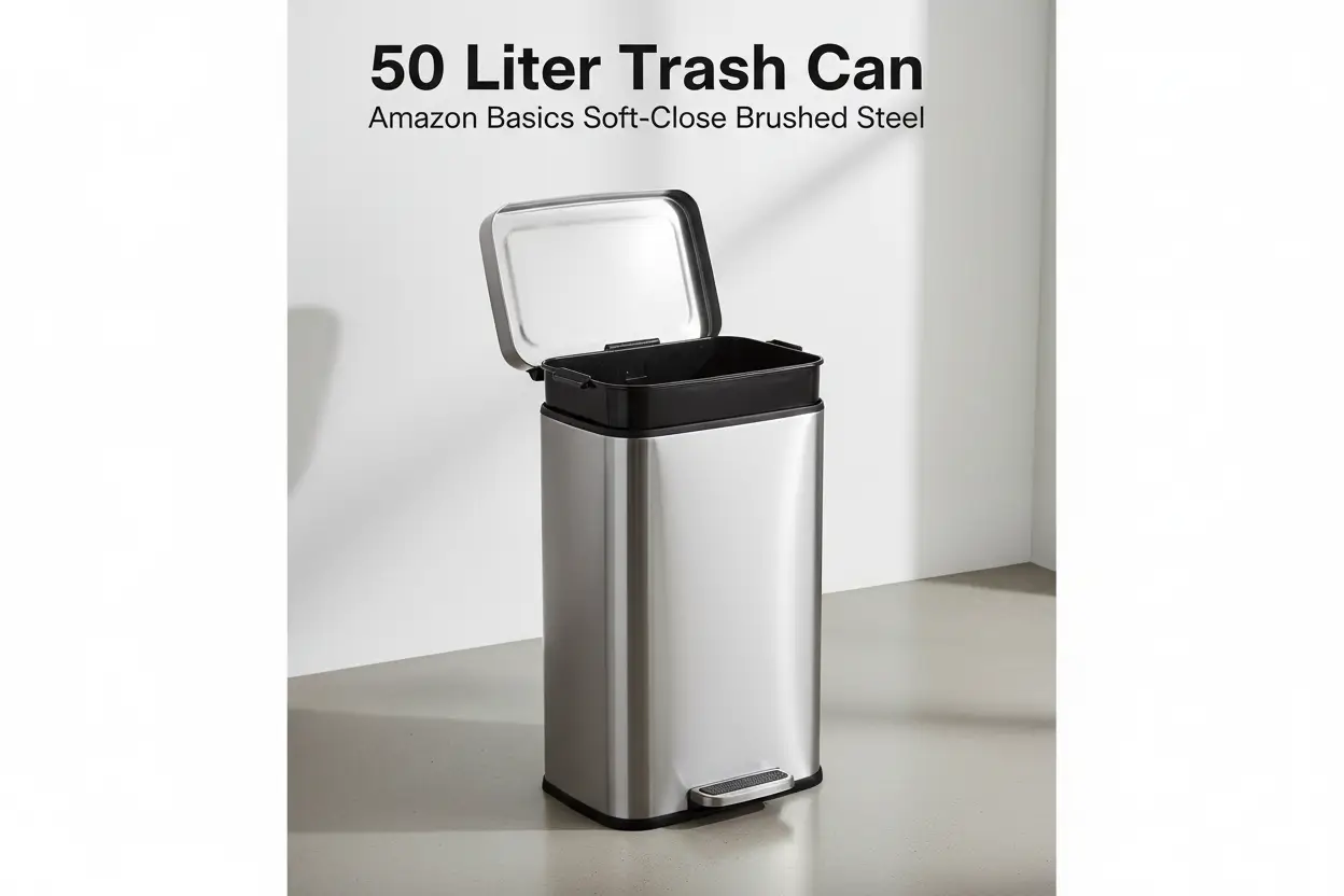 amazon_basics_smudge_resistant_rectangular_trash_can_soft_close_foot_pedal_brushed_stainless_steel_50_liter_13_2_gallon_satin_nickel_finish_16_7L_x_14_7W_x_25_9H