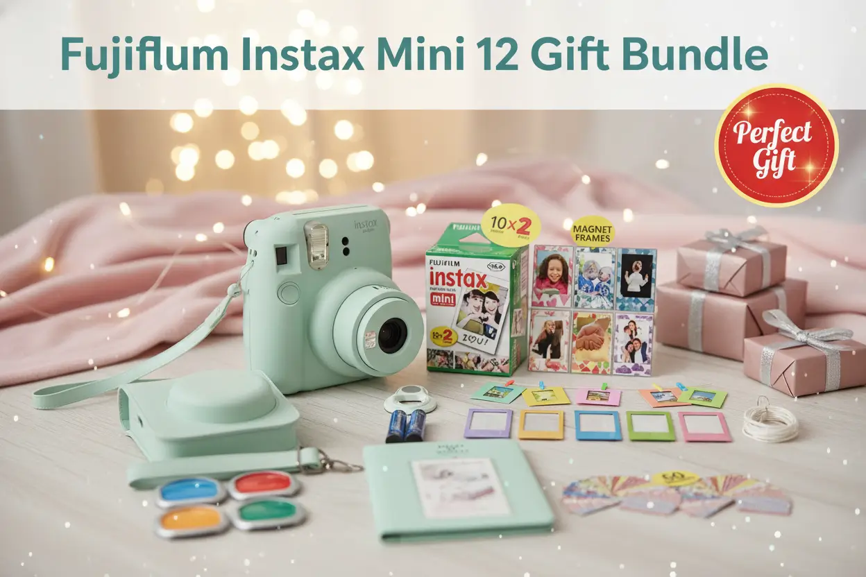 fujifilm-instax-mini-12-instant-camera-mint-green-shutter-compatible-carrying-case-fuji-film-value-pack-20-sheets-shutter-accessories-bundle-color-filters-photo-album-assorted-frames
