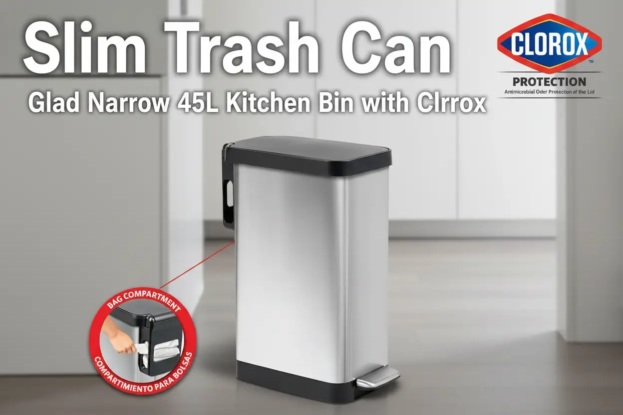 glad-slim-trash-can-with-clorox-odor-protection-narrow-kitchen-garbage-bin-with-soft-close-lid-step-on-foot-pedal-and-waste-bag-roll-holder-stainless-steel-45-liter