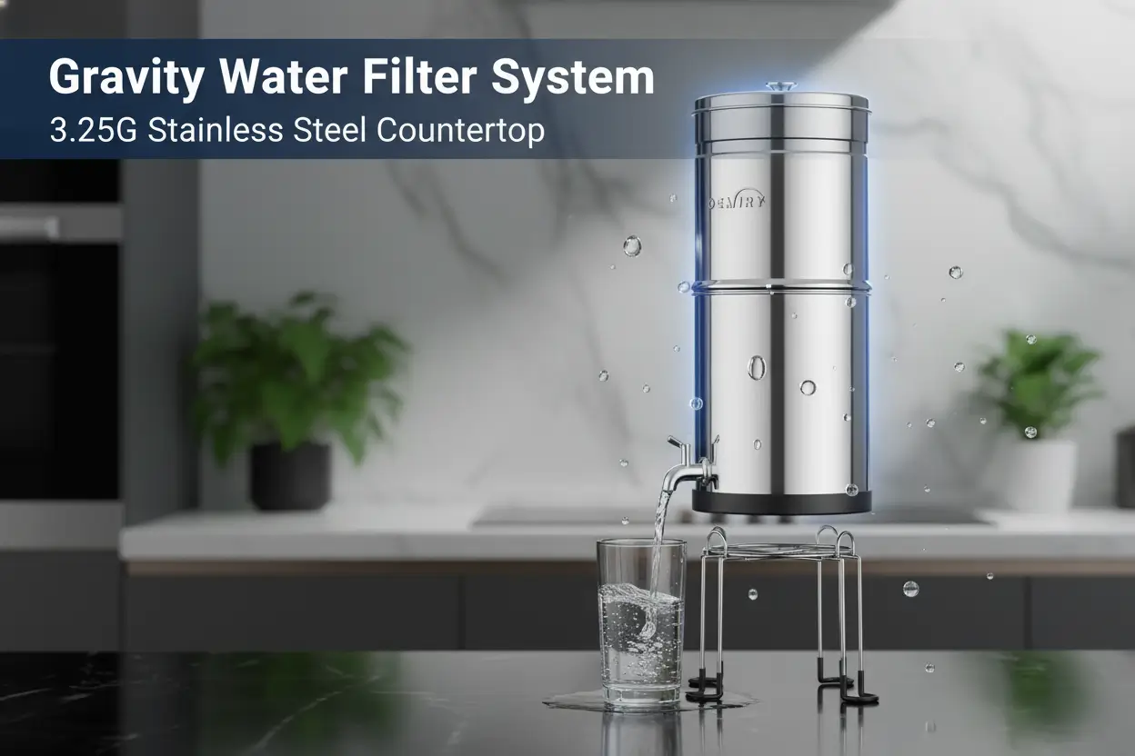 gravity_water_filter_system_3_25g_stainless_steel_countertop_system_water_purifier_with_stand_reduce_99_percent_chlorine_for_home_camping_backpacking_rving_3_carbon_and_3_fluoride_filters
