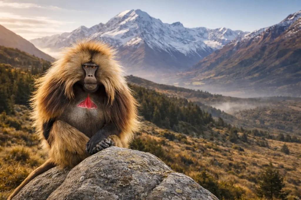 Portrait of a gelada baboon sitting on a rock in a mountainous landscape, with misty valleys and snow-capped peaks in the background.