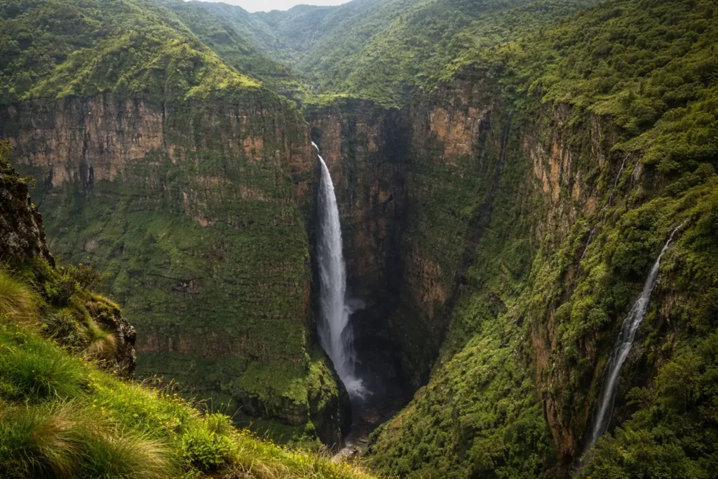 landscape of a tall waterfall plunging into a deep green gorge in the Simien Mountains, Ethiopia, surrounded by steep cliffs and lush vegetation.