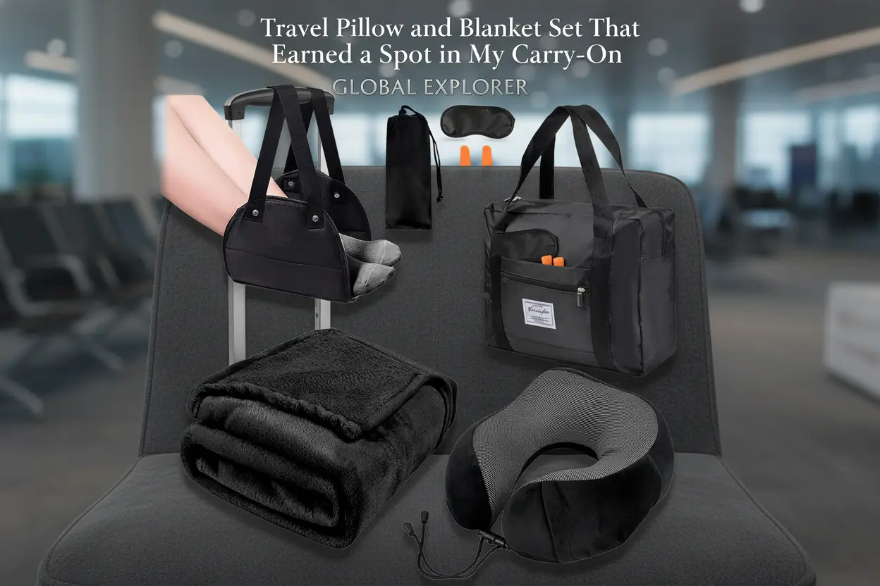 travel-pillow-blanket-set-foot-rest-memory-foam-neck-pillow-airplane-blanket-airplane-foot-hammock-foldable-duffel-bag-eye-mask-earplugs-portable-travel-accessories-essentials-black