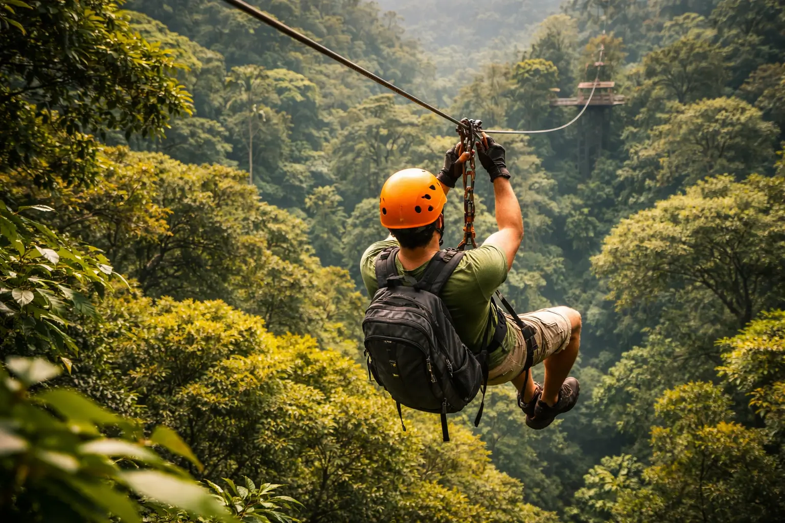 Ziplining in Costa Rica over lush rainforest canopy”
