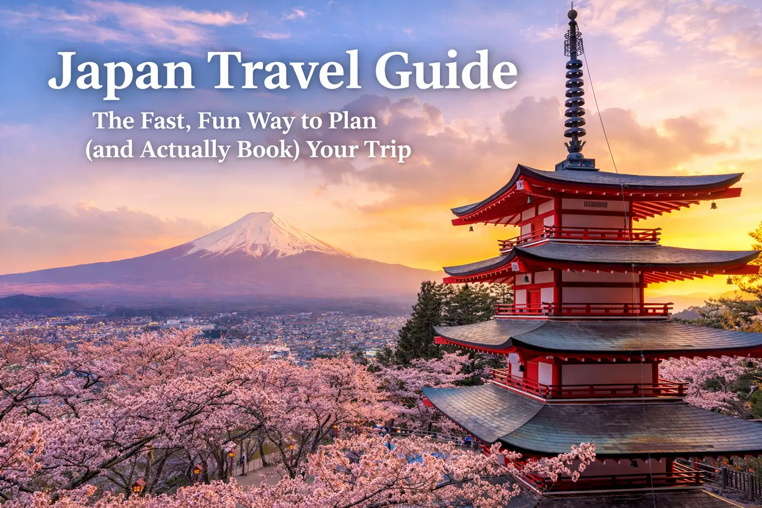 panoramic view of Mount Fuji and the Chureito Pagoda at sunset, framed by blooming cherry blossoms overlooking a Japanese town