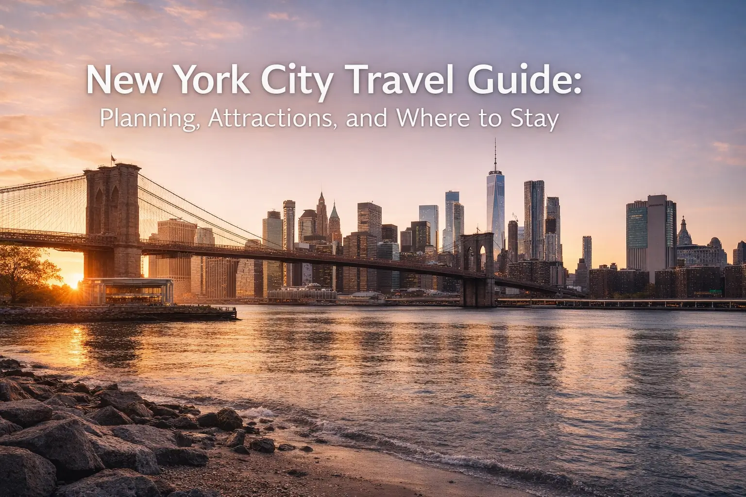 New York City travel guide cover featuring the Brooklyn Bridge and the Manhattan skyline at sunrise over the East River, with the title “New York City Travel Guide: Planning, Attractions, and Where to Stay” overlaid on the sky