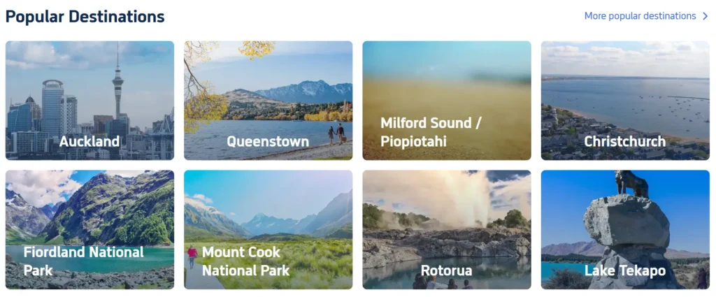 Popular destinations in New Zealand