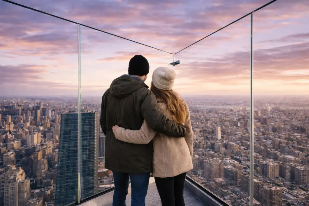 A couple stands with their backs to the camera at Edge NYC, arms around each other, watching the Manhattan skyline at sunset through tall glass panels.