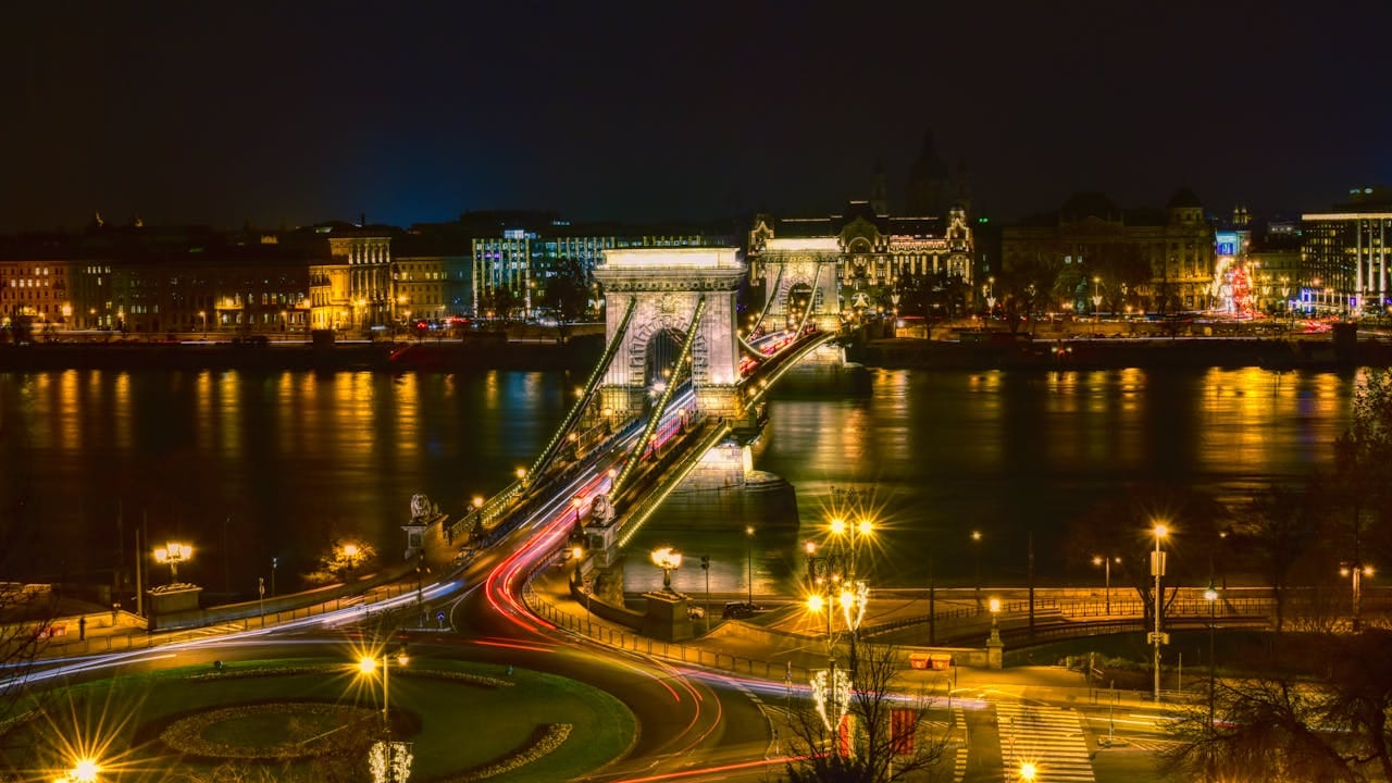 Time-Lapse Photography of Lighted Suspension Bridge in Budapest