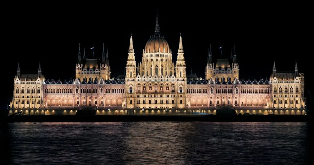 Budapest skyline at night from the Danube