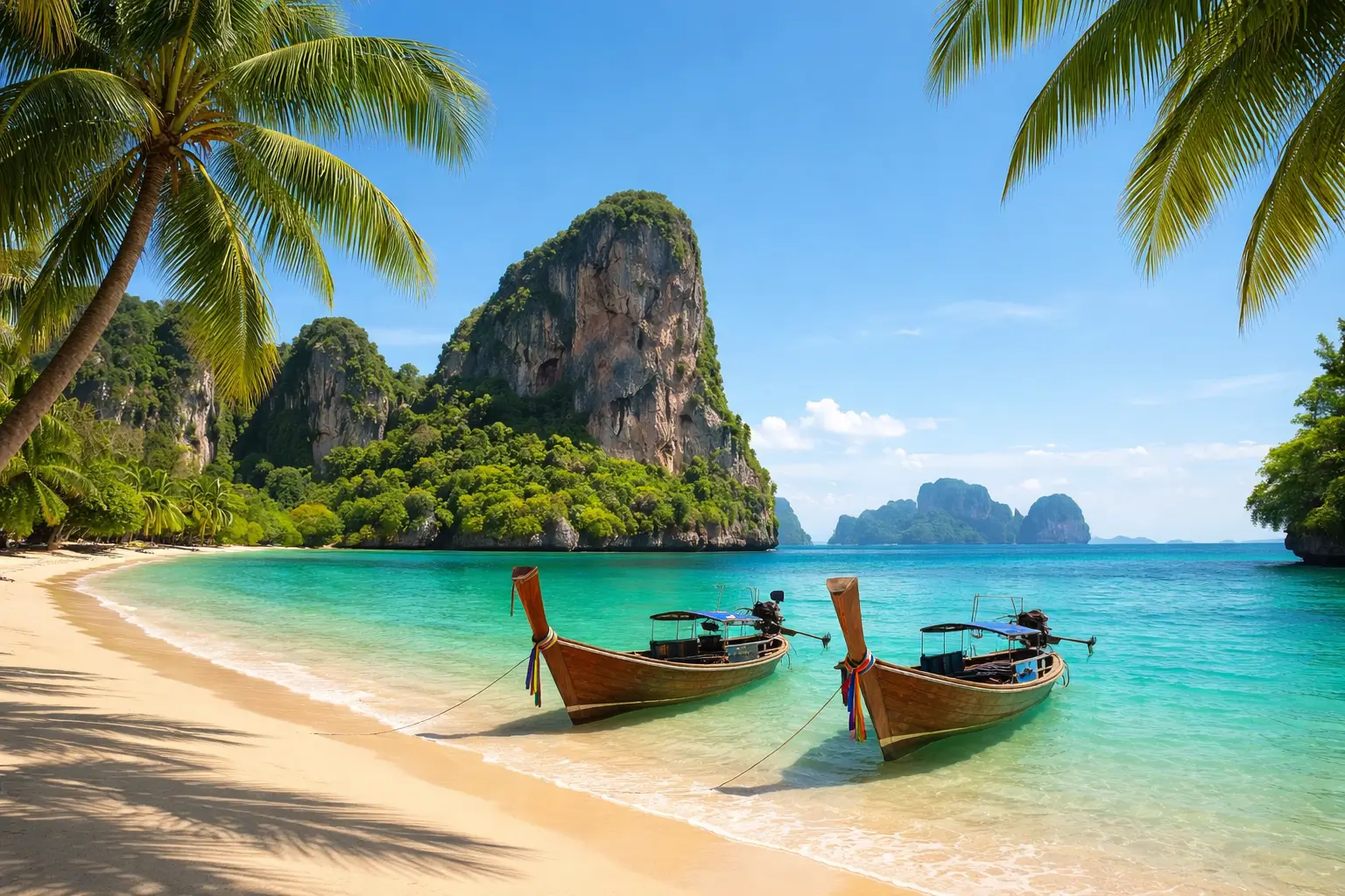Tropical beach in Thailand with two traditional long-tail boats on white sand, turquoise water, palm trees, and limestone cliffs under a clear blue sky.