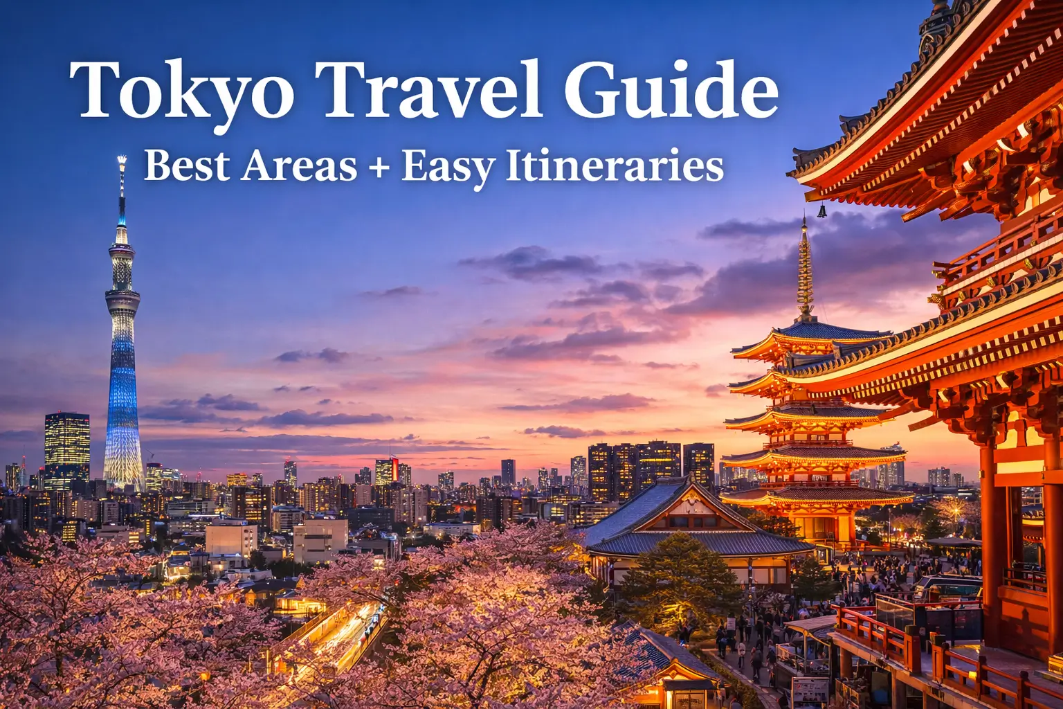 twilight view of Tokyo featuring the Tokyo Skytree, a traditional pagoda, cherry blossoms, and a glowing city skyline, ideal as a cover image for a Tokyo travel guide