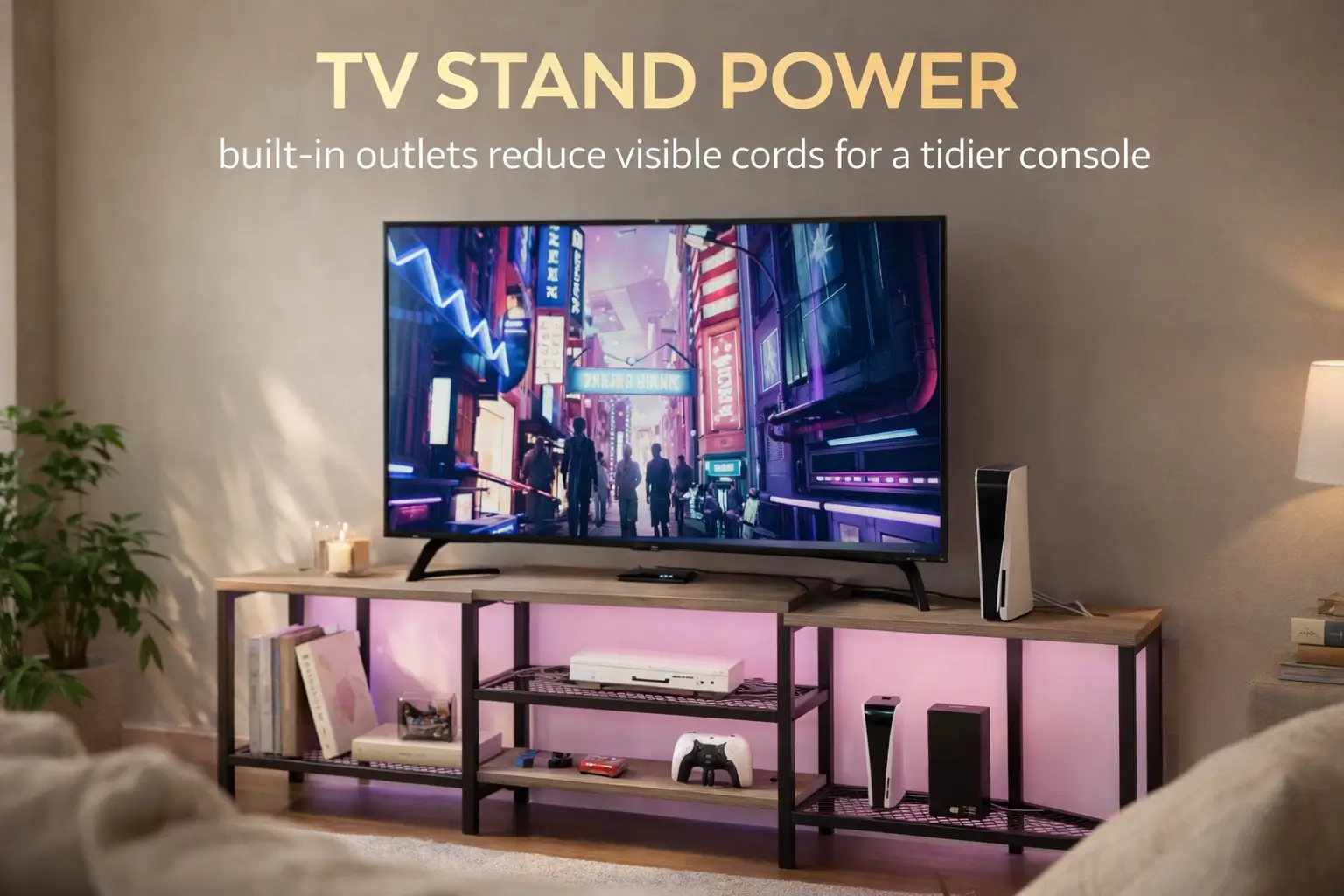 GAOMON_TV_Stand_for_TVs_up_to_75_Inch_Corner_Entertainment_Center_with_Power_Outlet_and_LED_Lights_Open_Storage_Shelves_Media_Console_for_Living_Room_Bedroom_Grey
