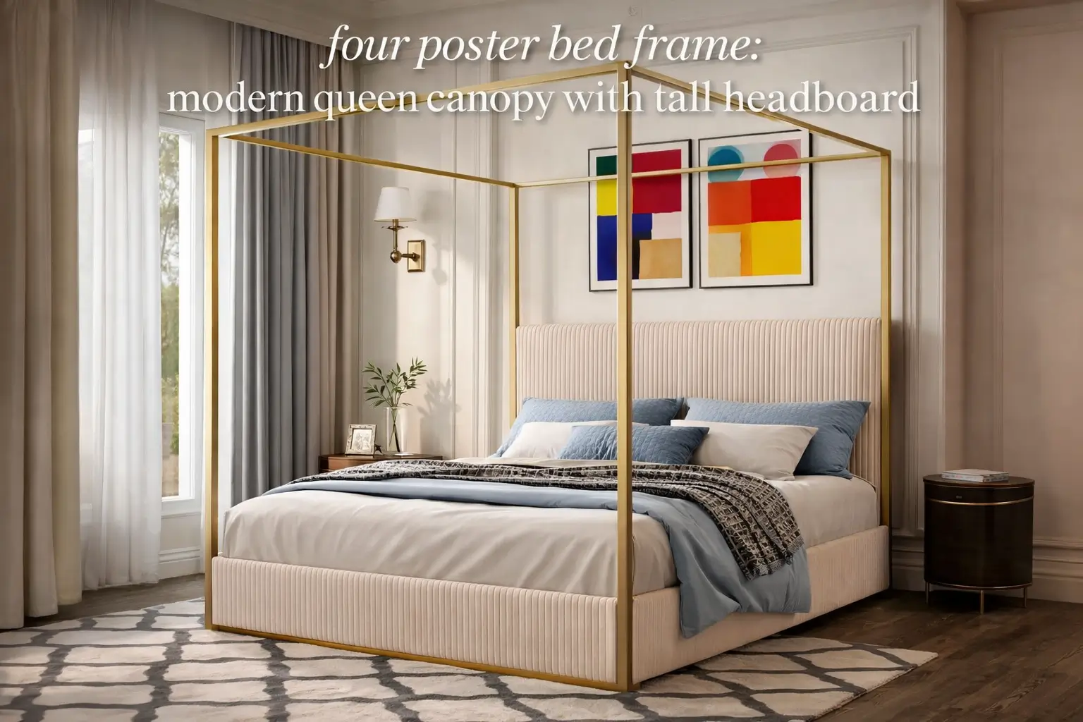 four-poster-queen-bed-frame-modern-metal-canopy-design-tall-upholstered-headboard-luxury-master-bedroom-furniture-beige-gold-queen